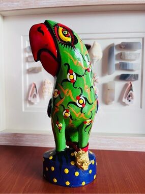 Vintage Hand Carved and Painted Parrot Figurine with Gold charm